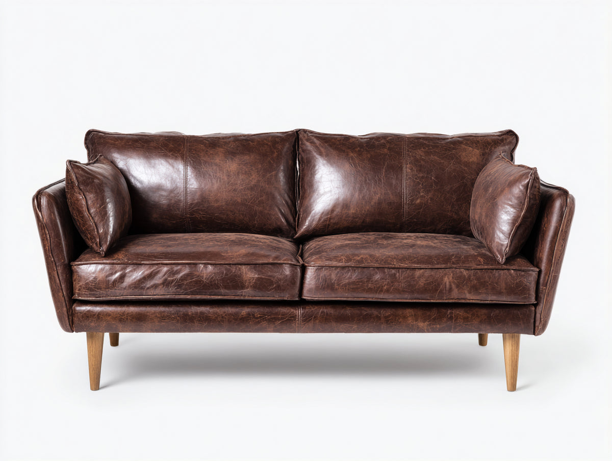 Divano a due posti - Pelle - 178x91x87 cm - Marrone scuro - Stile vintage con braccioli svasati