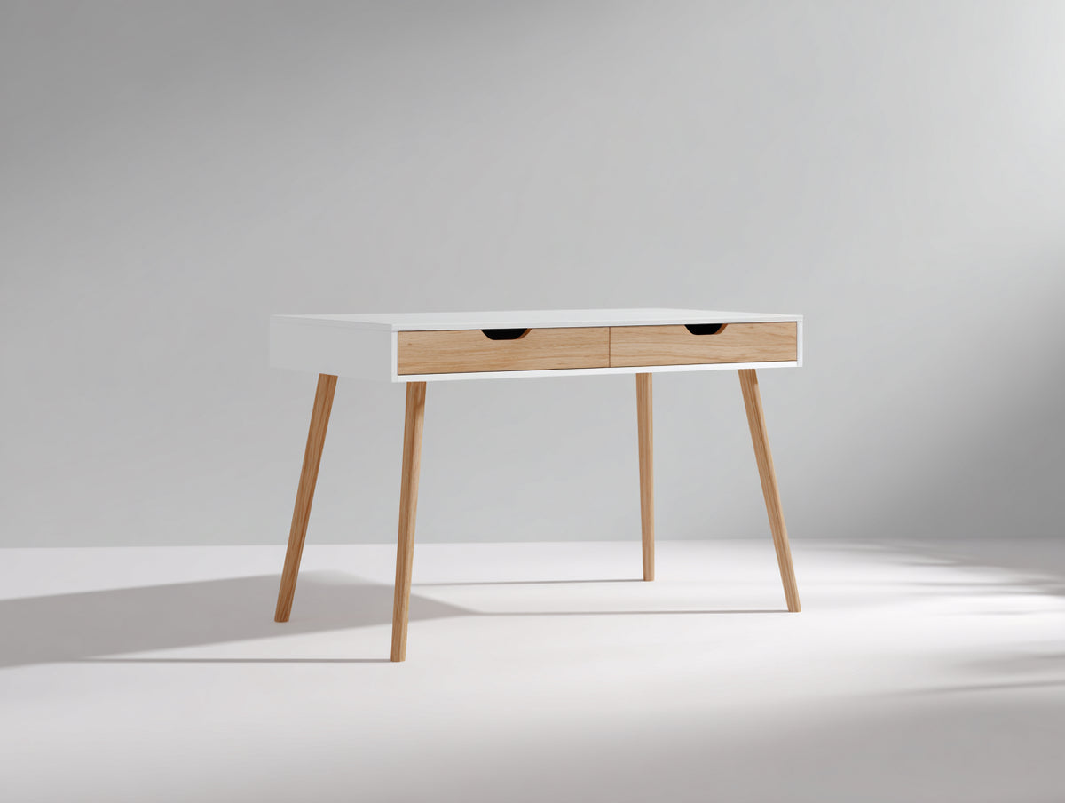 Scrivania - Legno - 120x55x76 cm - Bianco-Legno naturale - Design moderno di metà secolo