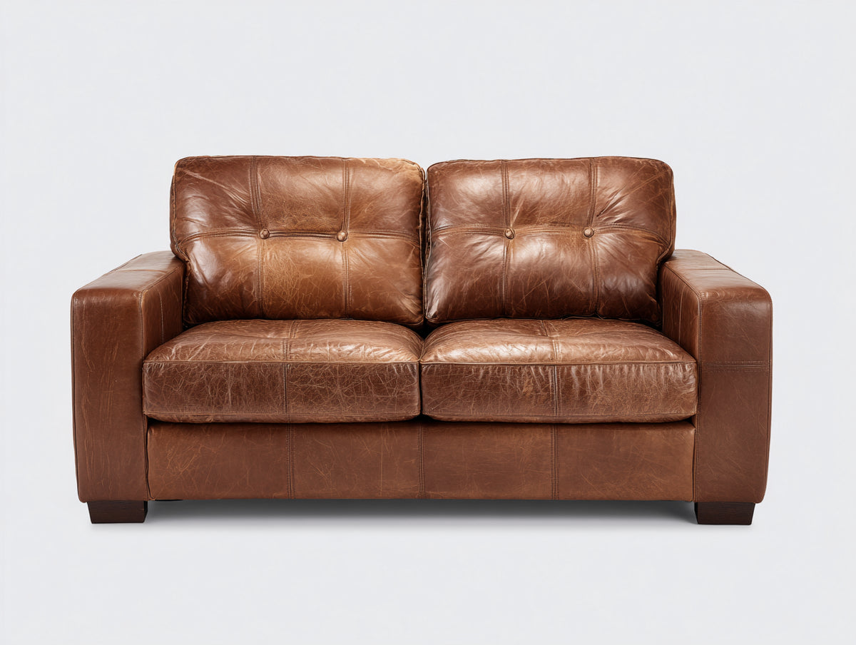 Divano a due posti - Pelle - 164x90x88 cm - Marrone cognac - Stile vintage imbottito