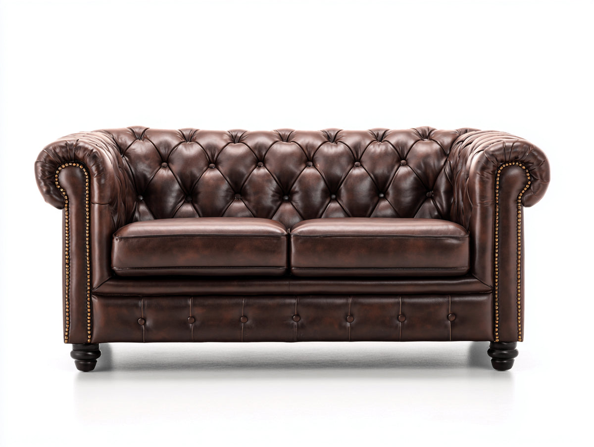 Divano a due posti - pelle - 176x90x76 cm - marrone testa di moro - stile Chesterfield