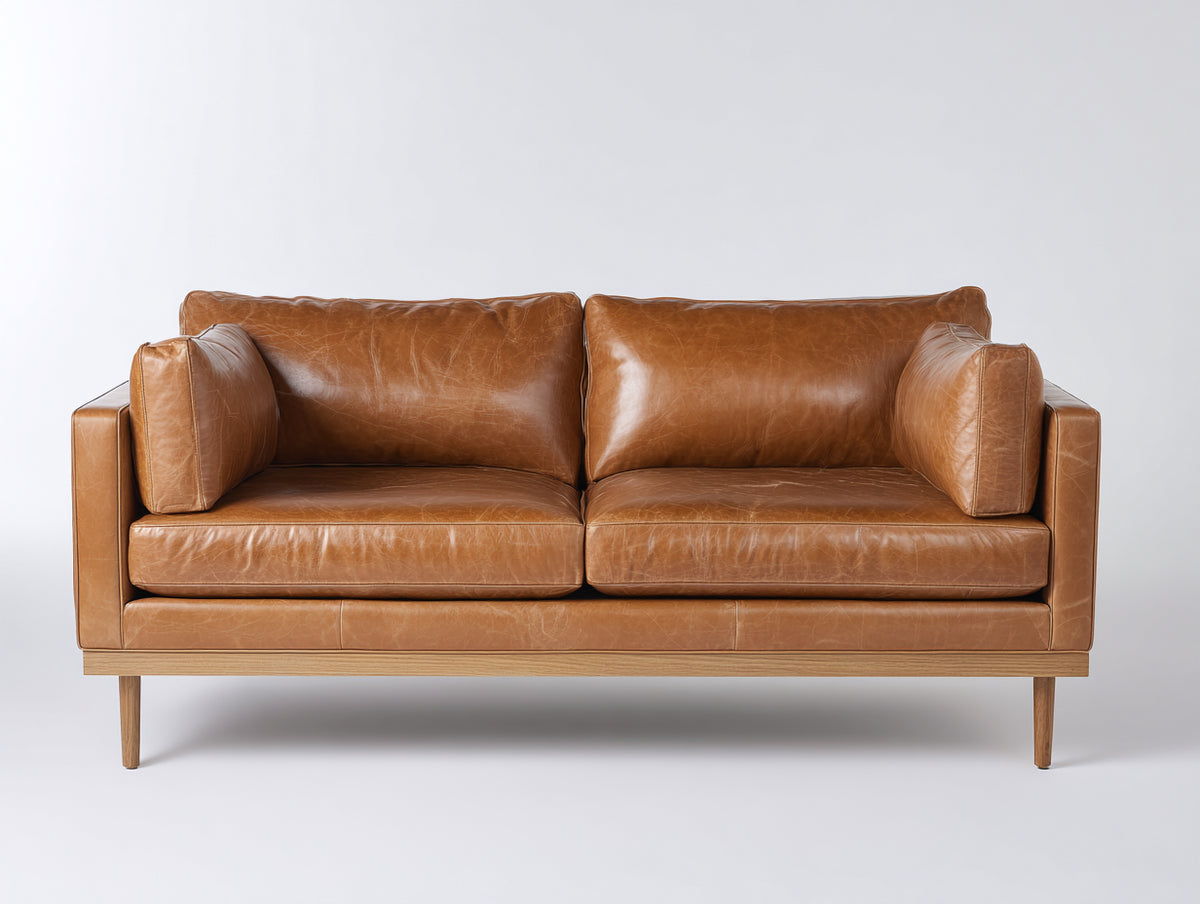 Divano a due posti - pelle-legno - 177x89x84 cm - marrone cuoio-legno naturale - stile moderno