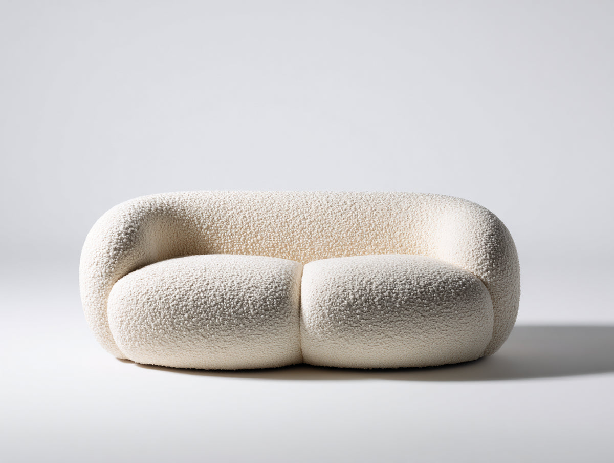 Divano a due posti - Tessuto bouclé - 180x92x72 cm - Bianco crema - Design organico moderno