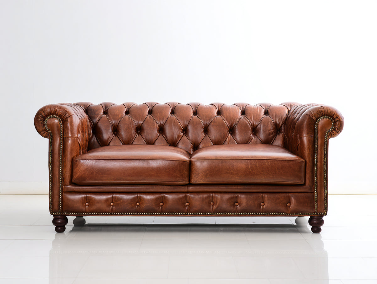 Divano a due posti - pelle - 182x91x78 cm - marrone cognac - stile Chesterfield
