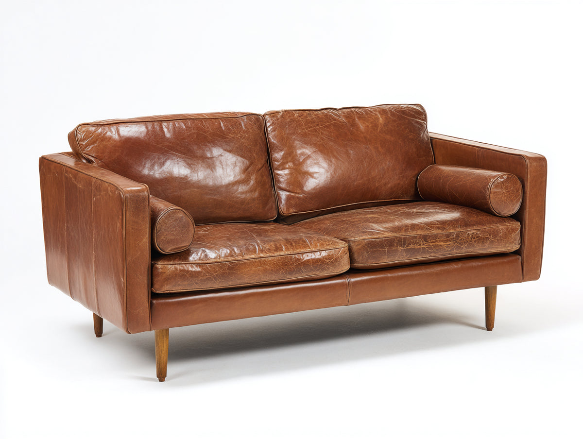 Divano a due posti - Pelle - 181x90x85 cm - Cognac - Design rétro lineare